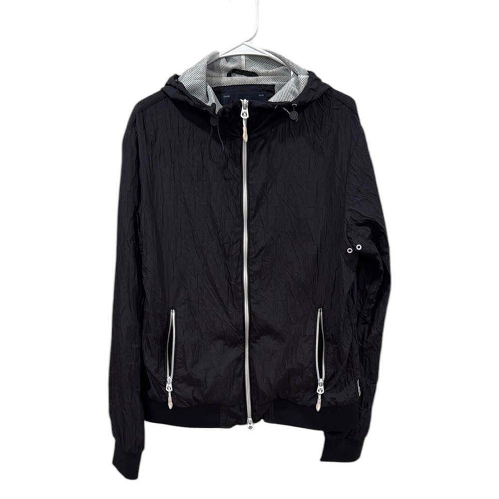 Armani Jeans Black Windbreaker Jacket with Hood and Full-Length Zipper Mens Lg